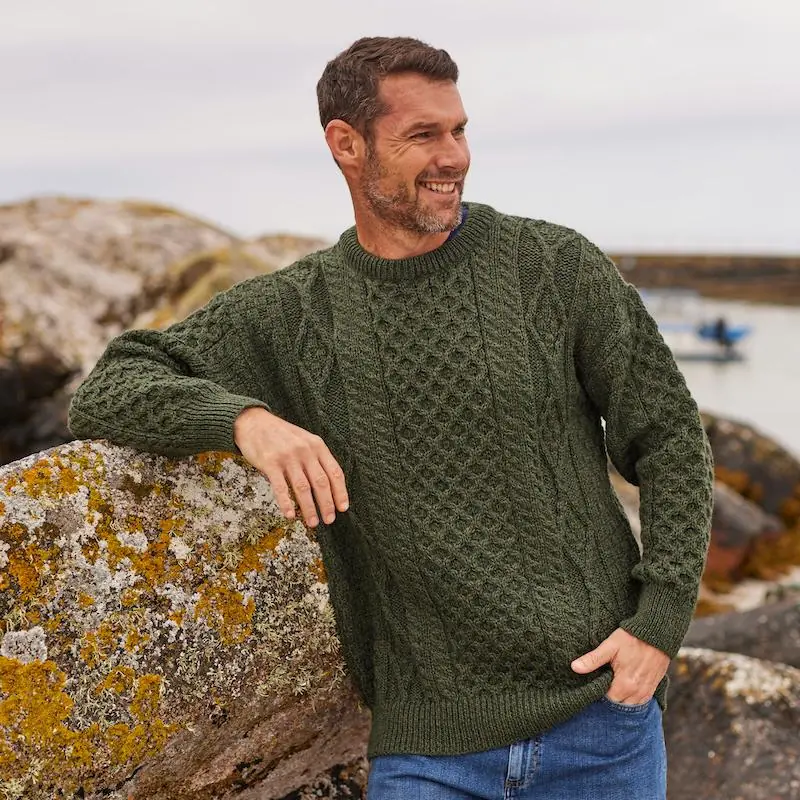 Men's Lightweight Aran Sweater: 100% Wool Irish Knit, Army Green